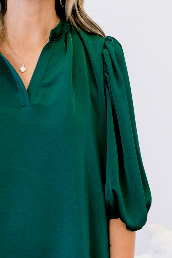 Chic Soul plus size clothing, jade green midi sleeve short dress with v-neckline and frill collar