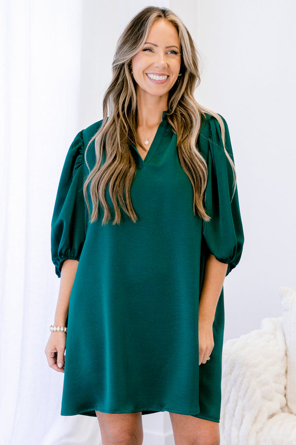Chic Soul plus size clothing, jade green midi sleeve short dress with v-neckline and frill collar
