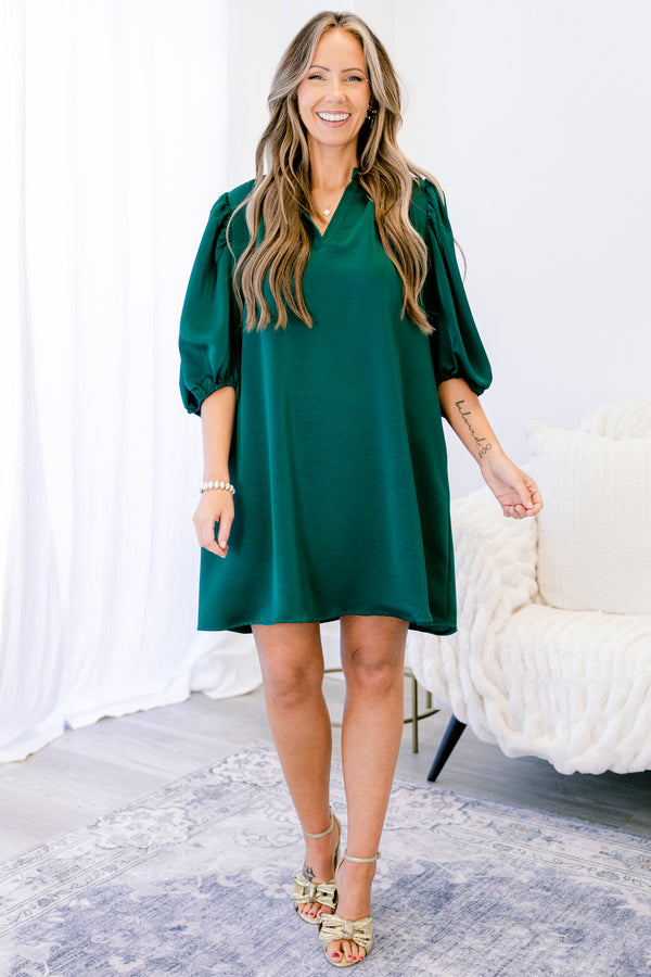 Chic Soul plus size clothing, jade green midi sleeve short dress with v-neckline and frill collar