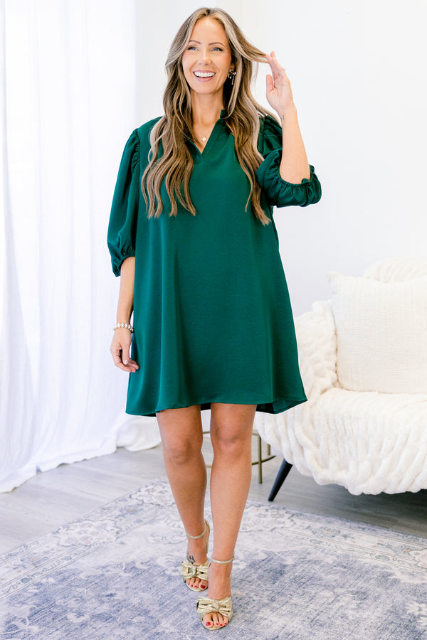 Chic Soul plus size clothing, jade green midi sleeve short dress with v-neckline and frill collar