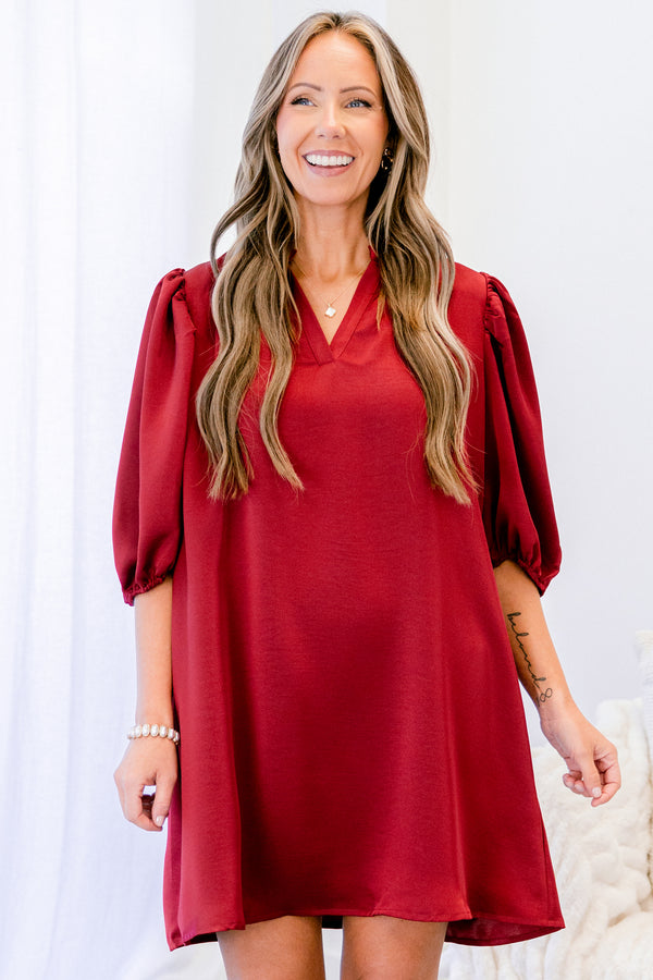 Chic Soul plus size clothing, red mid sleeve short dress with v-neckline detail