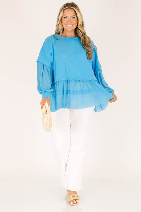 Chic Soul plus size clothing, scoop-neckline blue distressed baby doll long-sleeve top with ruffled detailing