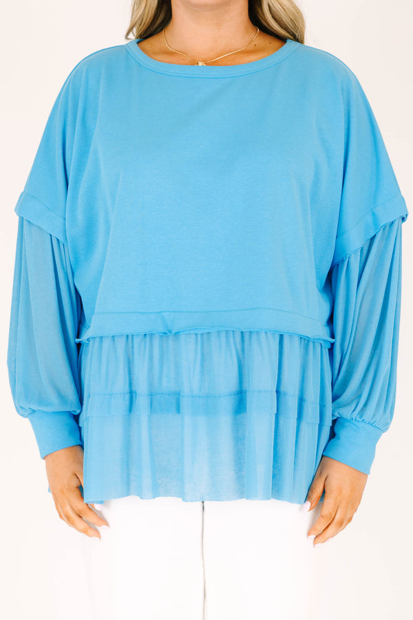 Chic Soul plus size clothing, scoop-neckline blue distressed baby doll long-sleeve top with ruffled detailing