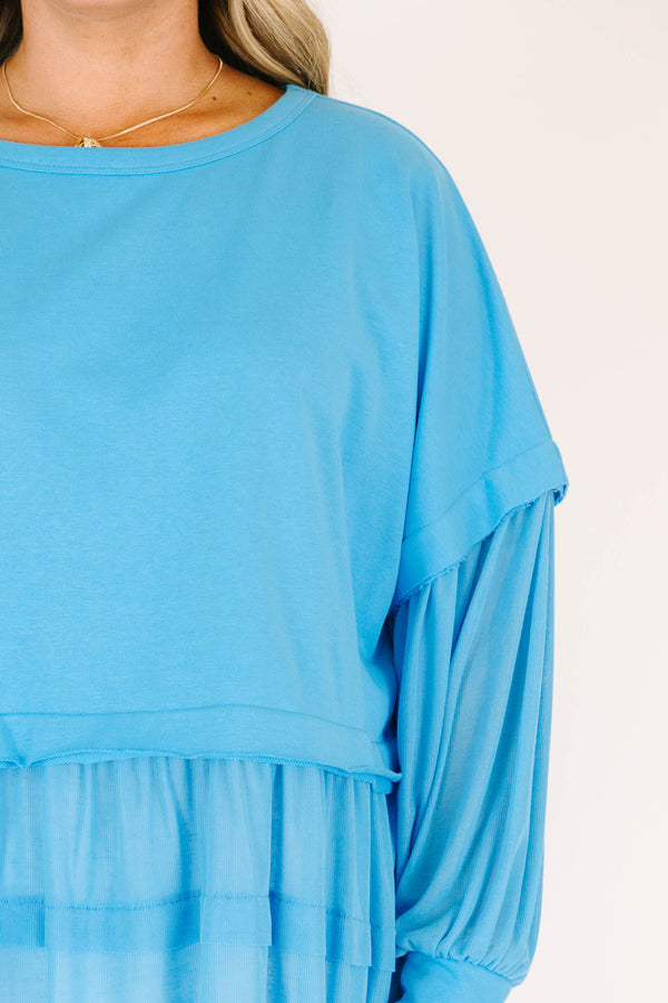 Chic Soul plus size clothing, scoop-neckline blue distressed baby doll long-sleeve top with ruffled detailing