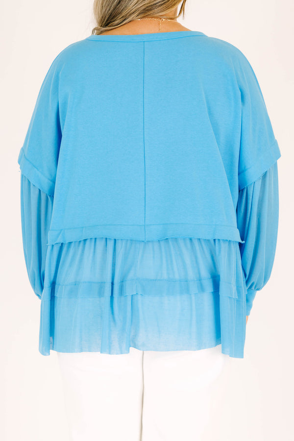 Chic Soul plus size clothing, scoop-neckline blue distressed baby doll long-sleeve top with ruffled detailing