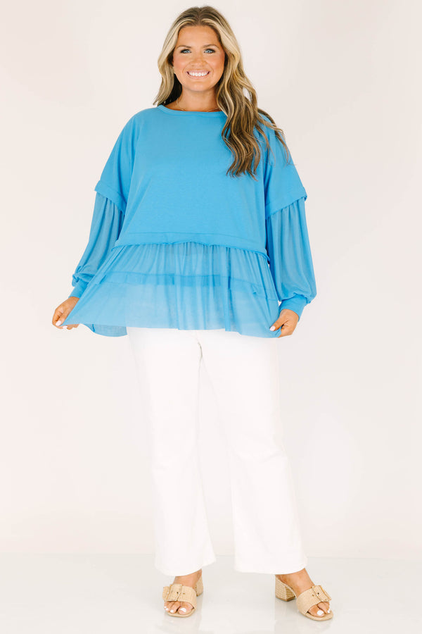 Chic Soul plus size clothing, scoop-neckline blue distressed baby doll long-sleeve top with ruffled detailing