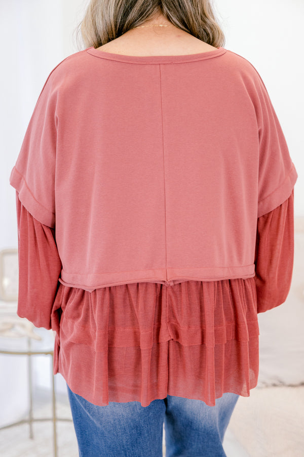 Chic Soul plus size clothing, dark mauve/burgundy long sleeve top with round neckline and cuff sleeves with tiered ruffle detail along the bottom