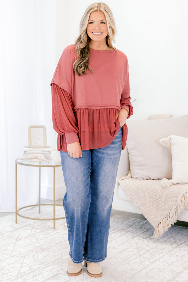 Chic Soul plus size clothing, dark mauve/burgundy long sleeve top with round neckline and cuff sleeves with tiered ruffle detail along the bottom