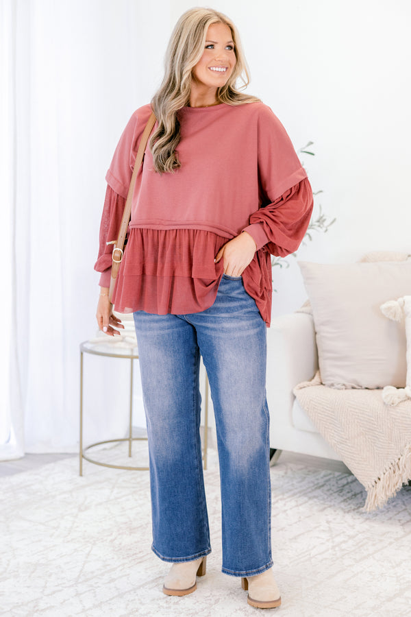 Chic Soul plus size clothing, dark mauve/burgundy long sleeve top with round neckline and cuff sleeves with tiered ruffle detail along the bottom
