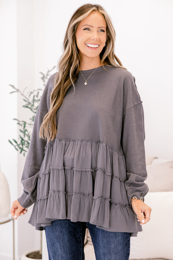Chic Soul plus size clothing, dark gray crewneck long sleeve top with ruffle tiered bottom