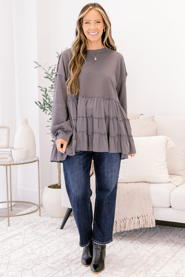 Chic Soul plus size clothing, dark gray crewneck long sleeve top with ruffle tiered bottom