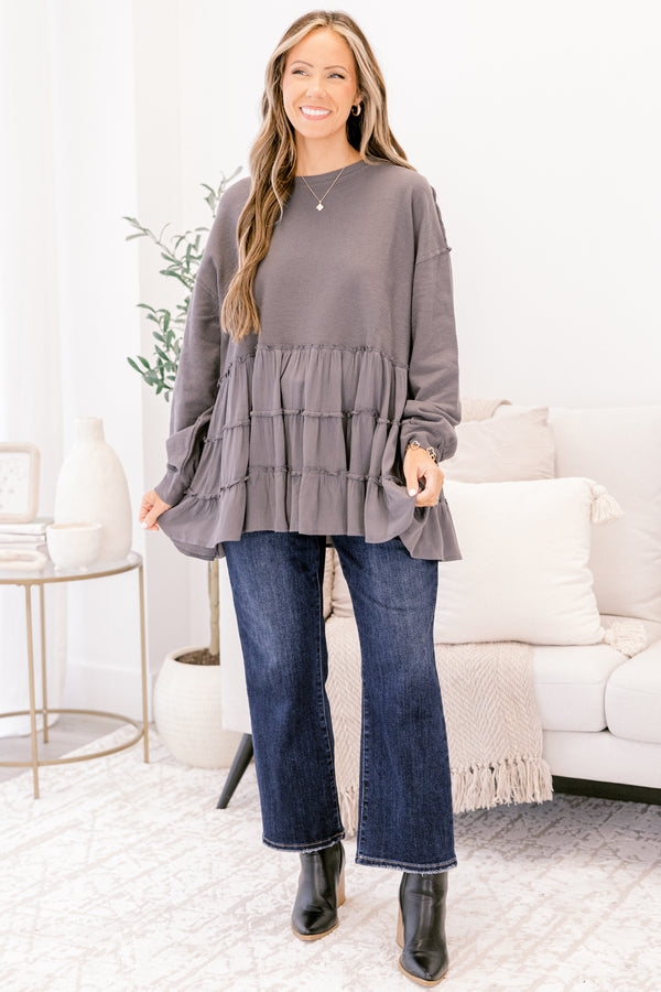 Chic Soul plus size clothing, dark gray crewneck long sleeve top with ruffle tiered bottom