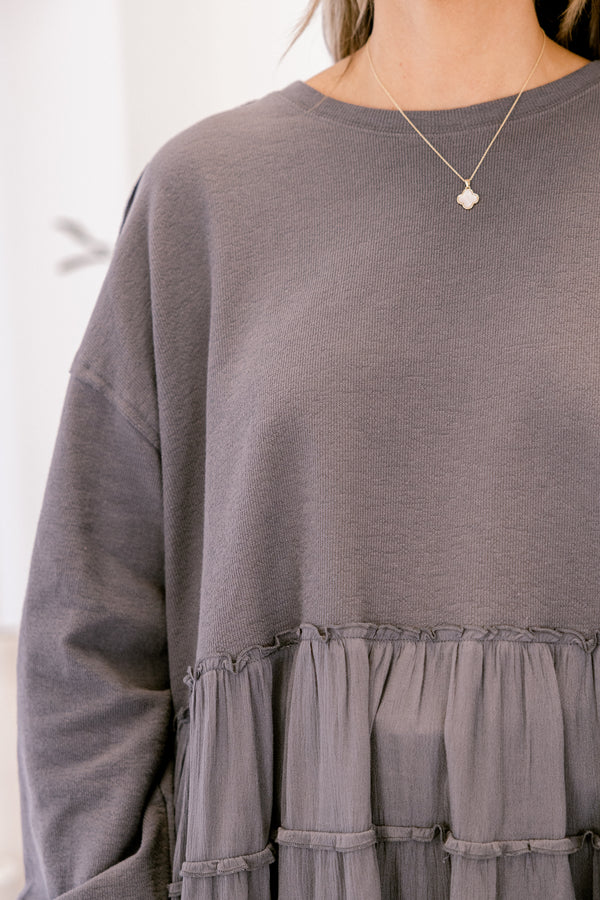 Chic Soul plus size clothing, dark gray crewneck long sleeve top with ruffle tiered bottom