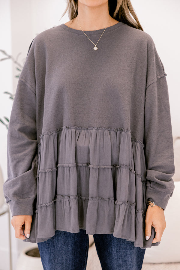 Chic Soul plus size clothing, dark gray crewneck long sleeve top with ruffle tiered bottom