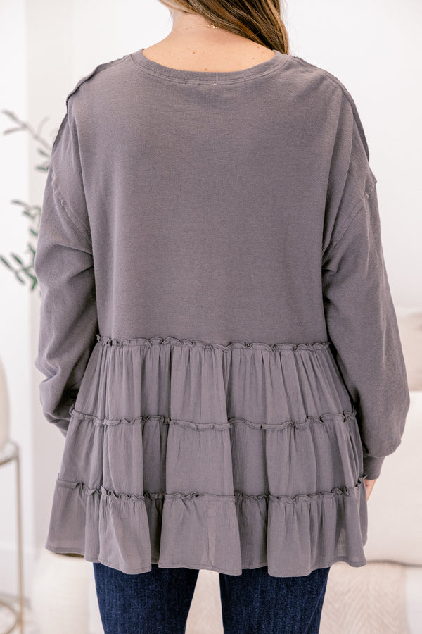 Chic Soul plus size clothing, dark gray crewneck long sleeve top with ruffle tiered bottom