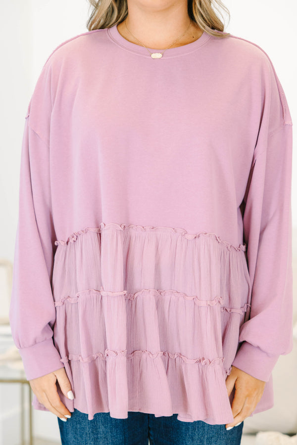 Plus Size mauve long sleeve top with a crew neck and tiered ruffle hem in a mixed fabric design.
