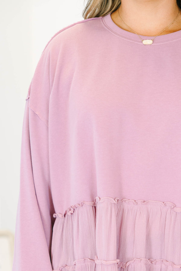 Plus Size mauve long sleeve top with a crew neck and tiered ruffle hem in a mixed fabric design.