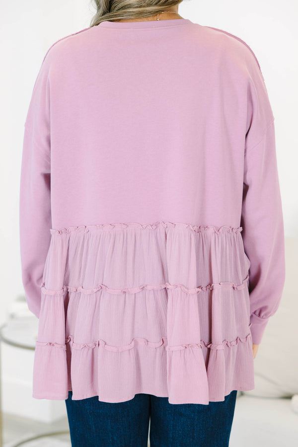 Plus Size mauve long sleeve top with a crew neck and tiered ruffle hem in a mixed fabric design.