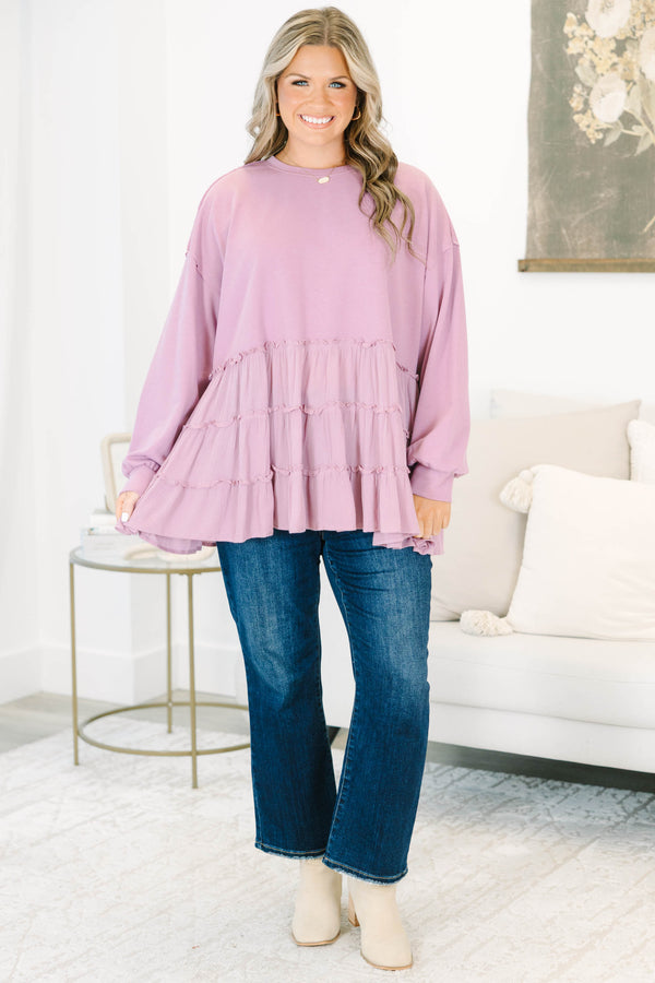 Plus Size mauve long sleeve top with a crew neck and tiered ruffle hem in a mixed fabric design.