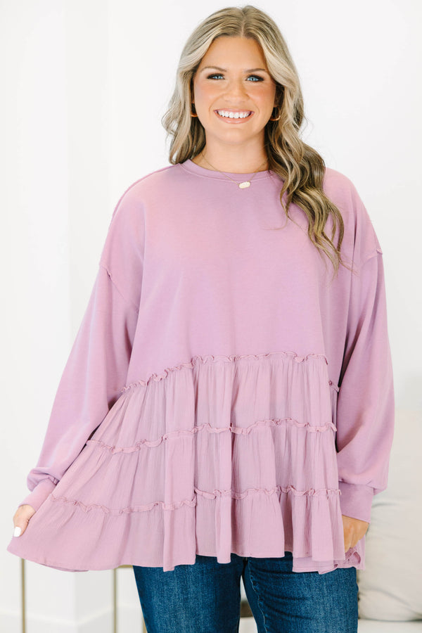 Plus Size mauve long sleeve top with a crew neck and tiered ruffle hem in a mixed fabric design.