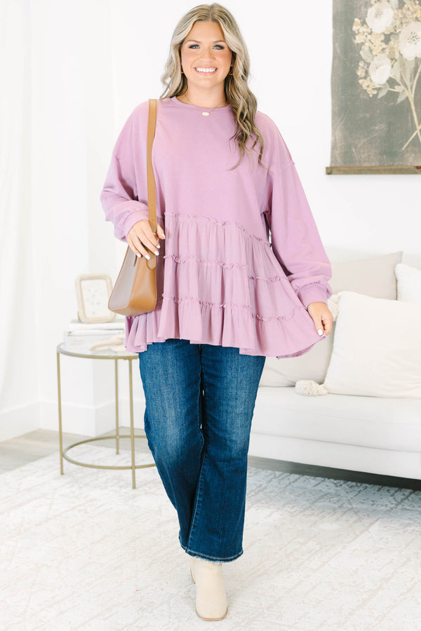 Plus Size mauve long sleeve top with a crew neck and tiered ruffle hem in a mixed fabric design.
