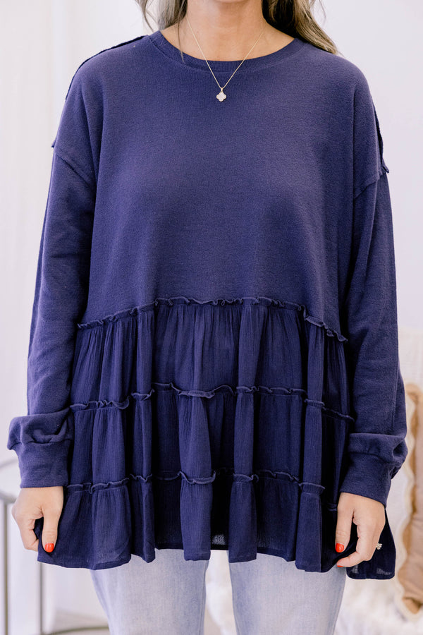 Chic Soul plus size clothing, navy long sleeve ruffle tiered baby doll top
