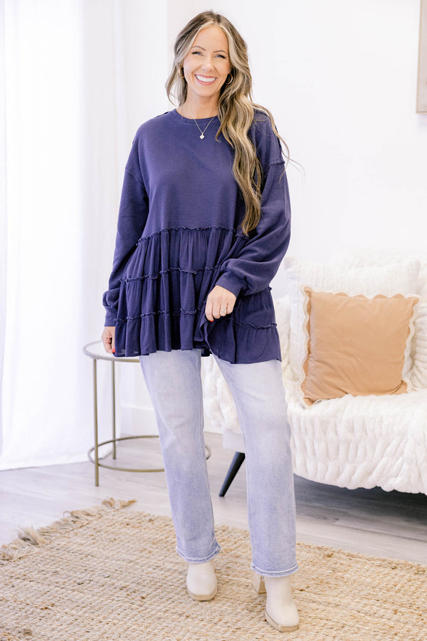 Chic Soul plus size clothing, navy long sleeve ruffle tiered baby doll top
