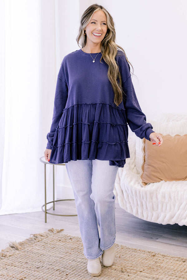 Chic Soul plus size clothing, navy long sleeve ruffle tiered baby doll top
