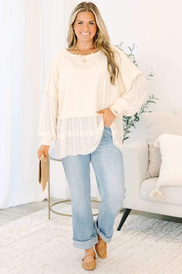 Chic Soul plus size clothing, long-sleeve oatmeal tan ruffled babydoll top with contrast materials on sleeve and bottom of the top