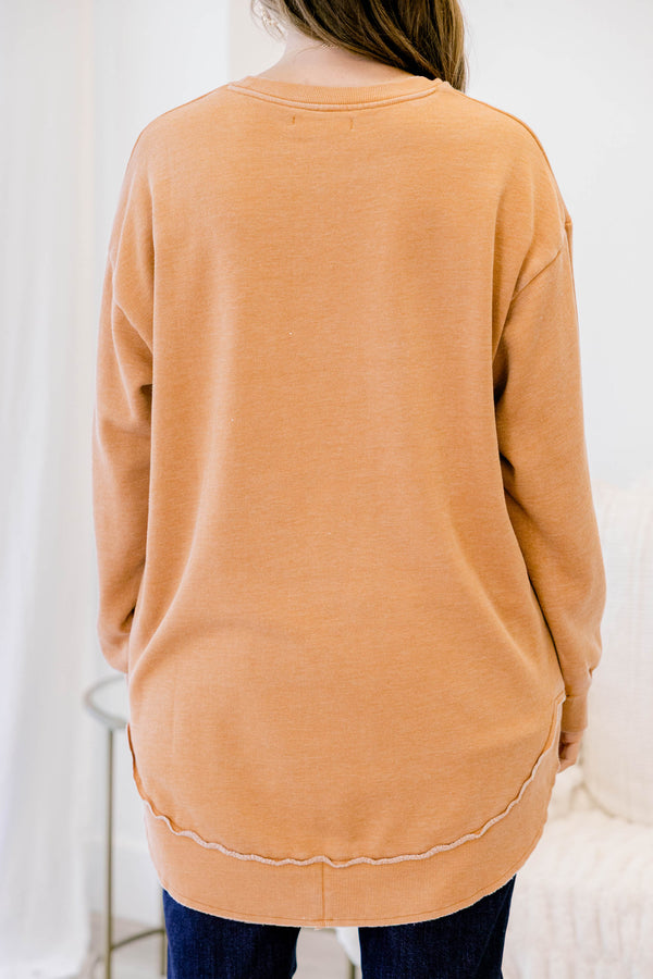 Chic Soul plus size clothing, camel brown long sleeve tunic with distressed details 