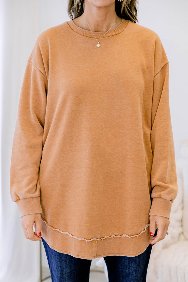 Chic Soul plus size clothing, camel brown long sleeve tunic with distressed details 
