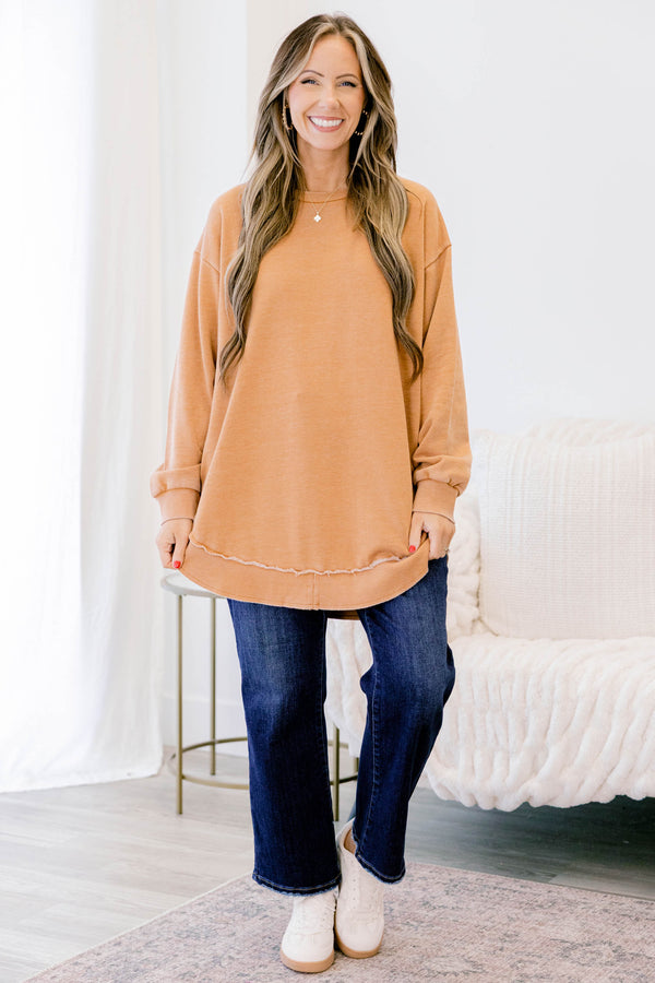 Chic Soul plus size clothing, camel brown long sleeve tunic with distressed details 