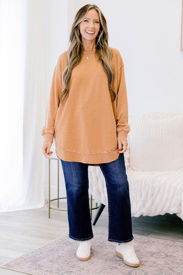Chic Soul plus size clothing, camel brown long sleeve tunic with distressed details 