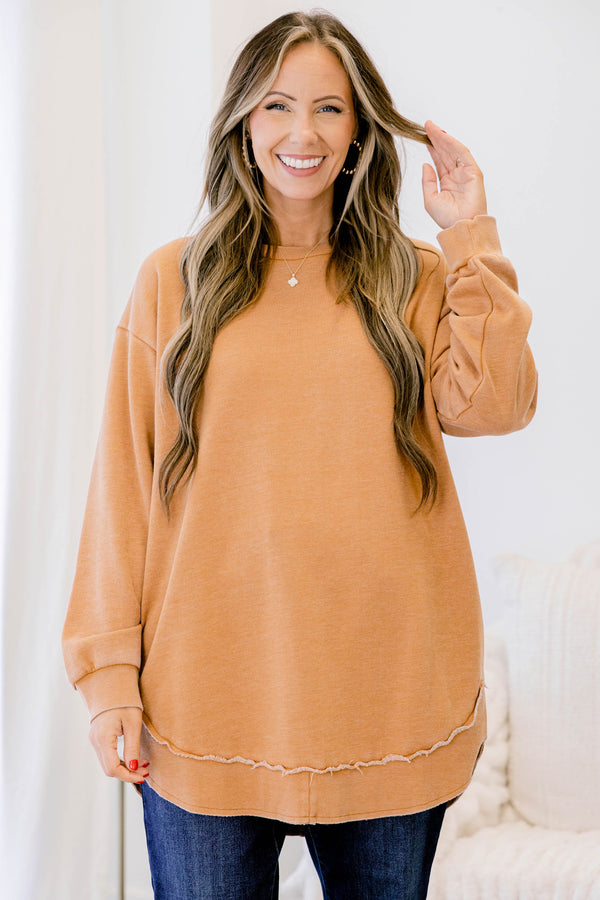 Chic Soul plus size clothing, camel brown long sleeve tunic with distressed details 