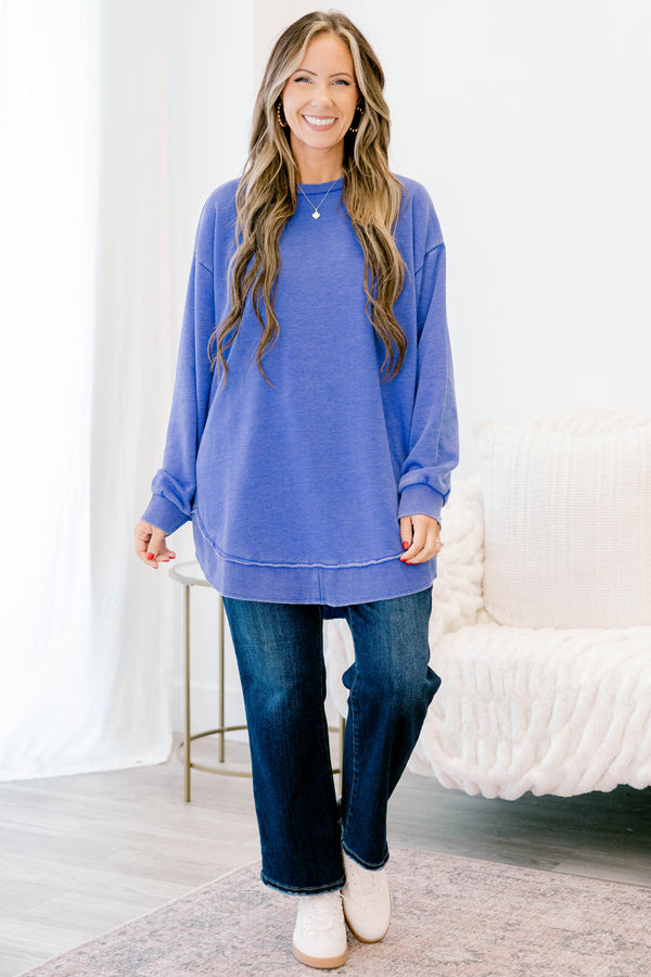Chic Soul plus size clothing, royal blue long sleeve curved hem top with exposed seam at the waistband 
