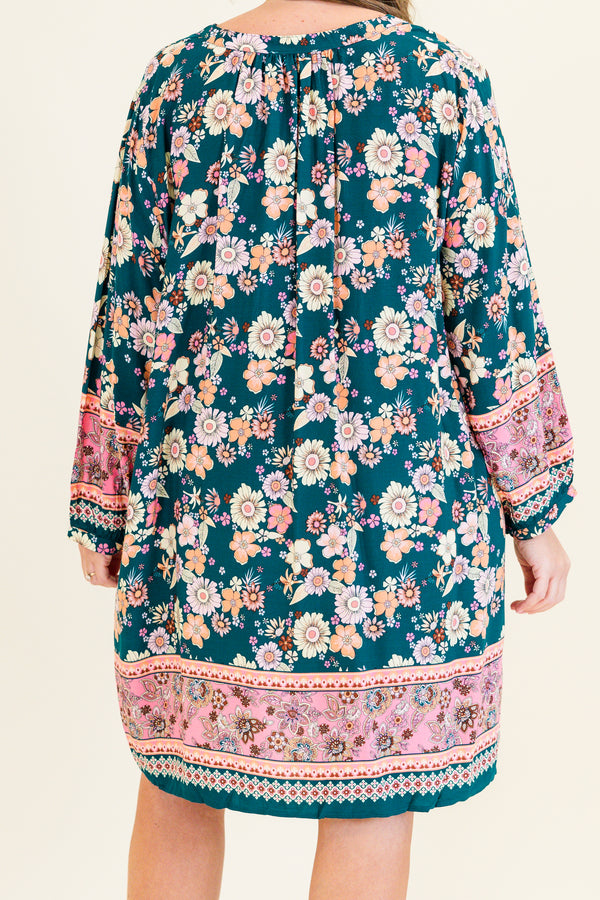 Chic Soul plus size clothing, teal multicolored floral print long sleeve flowy mini dress with wide cuff sleeves with v neckline and pink floral band detail along bottom and sleeves