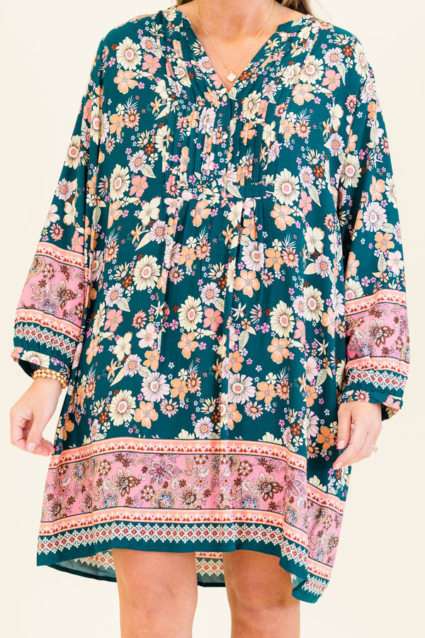 Chic Soul plus size clothing, teal multicolored floral print long sleeve flowy mini dress with wide cuff sleeves with v neckline and pink floral band detail along bottom and sleeves