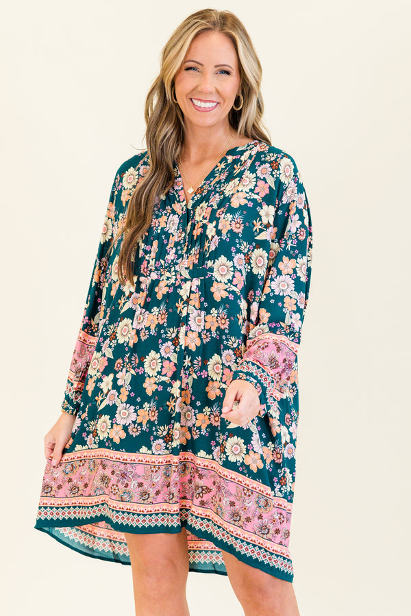 Chic Soul plus size clothing, teal multicolored floral print long sleeve flowy mini dress with wide cuff sleeves with v neckline and pink floral band detail along bottom and sleeves
