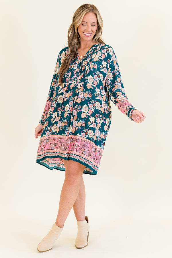 Chic Soul plus size clothing, teal multicolored floral print long sleeve flowy mini dress with wide cuff sleeves with v neckline and pink floral band detail along bottom and sleeves