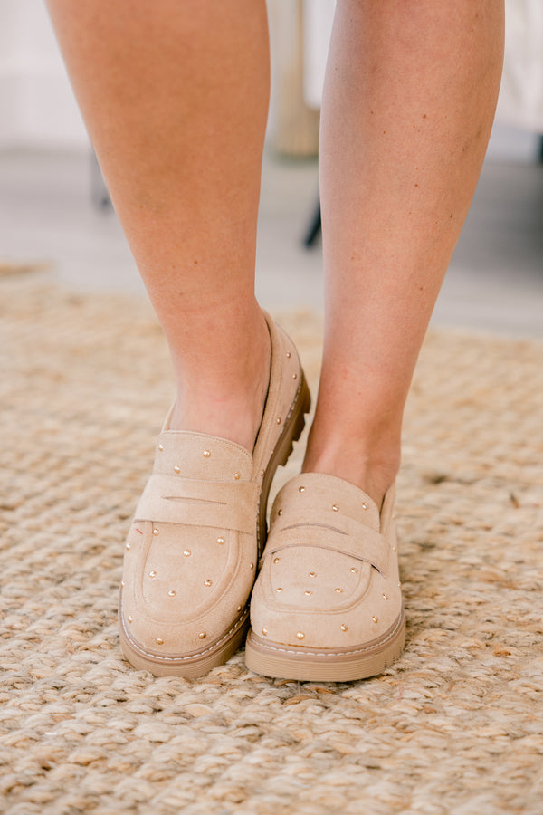 Chic Soul plus size clothing, sand colored loafers with gold stud details throughout the shoe 