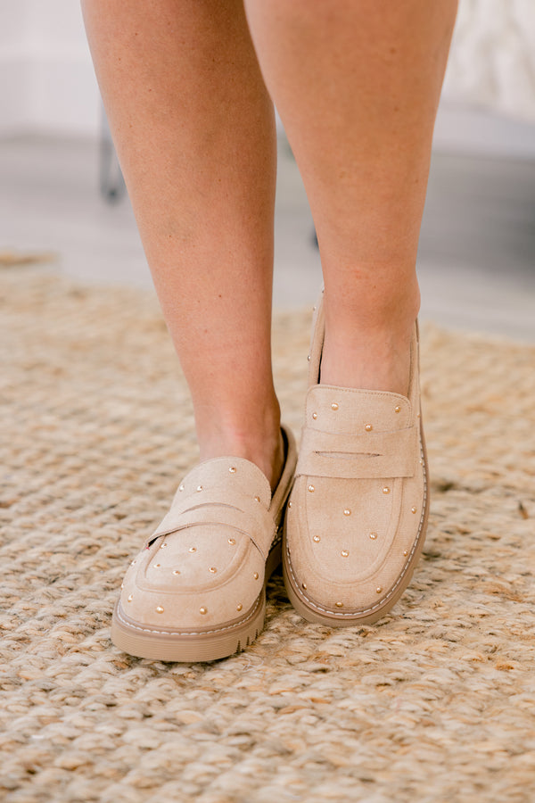 Chic Soul plus size clothing, sand colored loafers with gold stud details throughout the shoe 