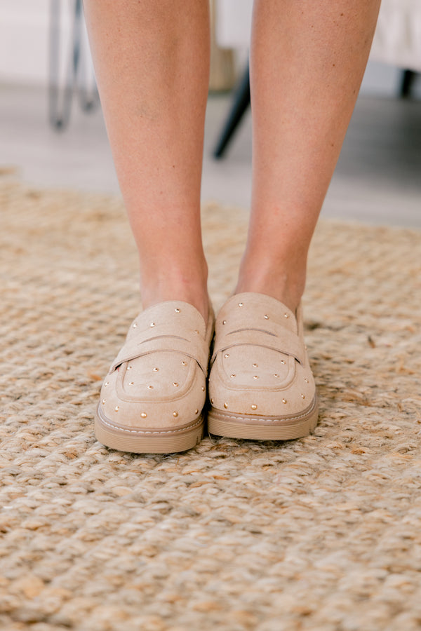 Chic Soul plus size clothing, sand colored loafers with gold stud details throughout the shoe 