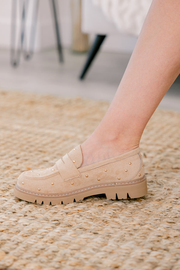 Chic Soul plus size clothing, sand colored loafers with gold stud details throughout the shoe 