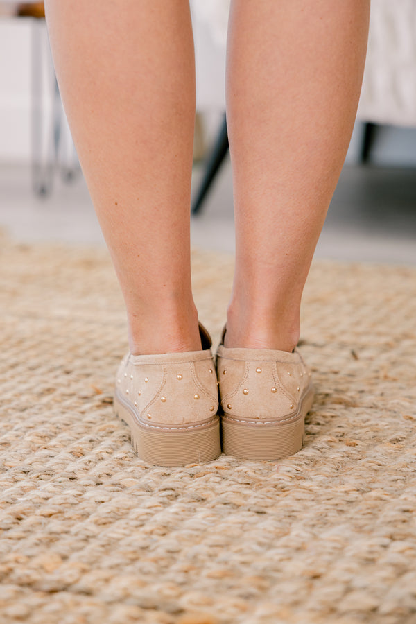 Chic Soul plus size clothing, sand colored loafers with gold stud details throughout the shoe 
