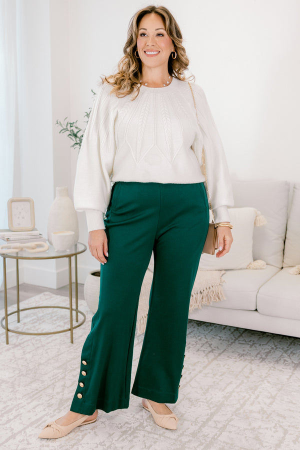 Chic Soul plus size clothing, hunter green pant with gold detailed buttons going down the side of each pant leg
