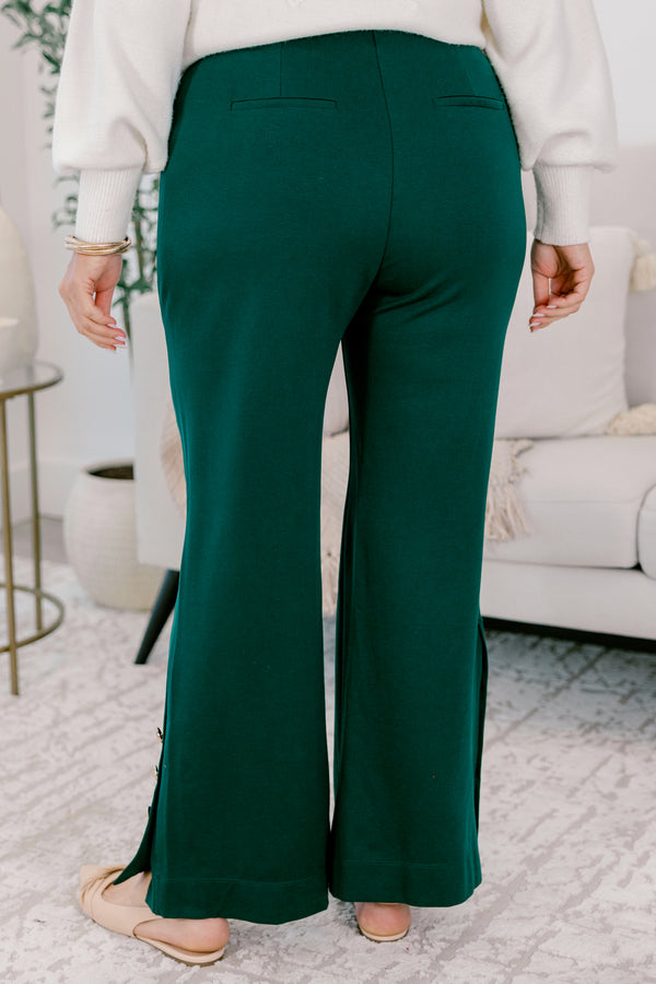Chic Soul plus size clothing, hunter green pant with gold detailed buttons going down the side of each pant leg