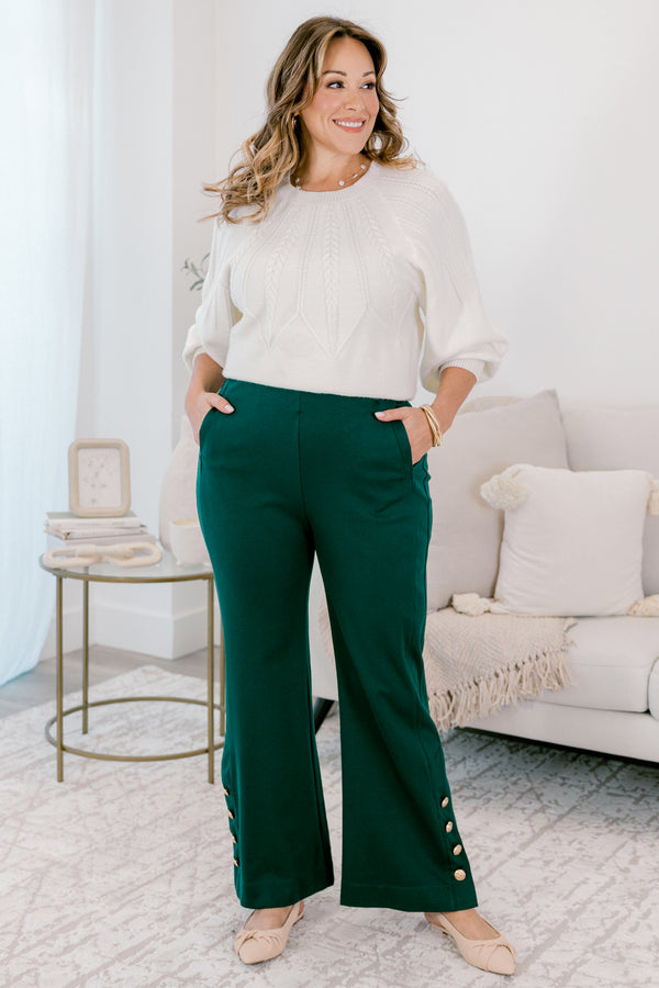 Chic Soul plus size clothing, hunter green pant with gold detailed buttons going down the side of each pant leg