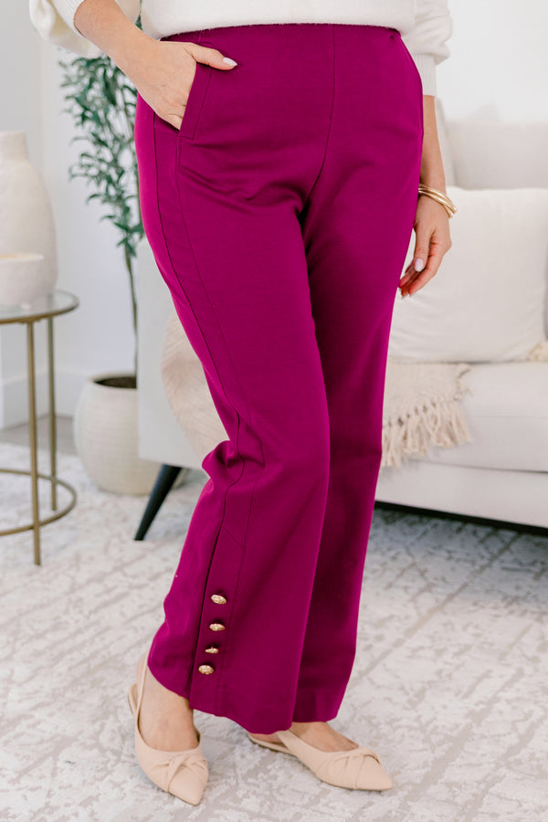 Chic Soul plus size clothing, dark magenta flare pants with gold buttons on the ankle