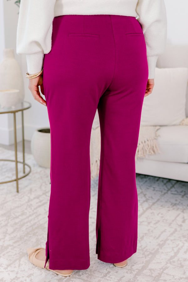 Chic Soul plus size clothing, dark magenta flare pants with gold buttons on the ankle