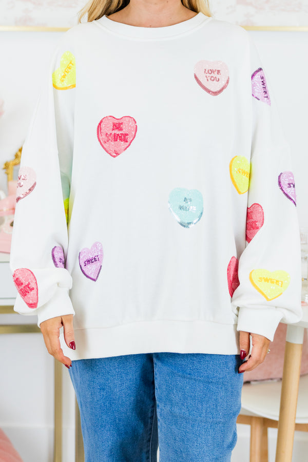 Chic Soul plus size clothing, white long sleeve pullover with multi colored sequin candy hearts